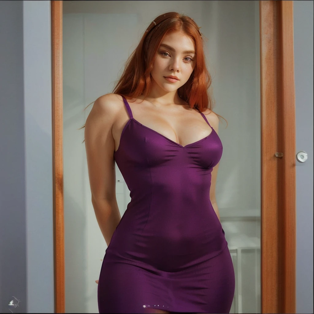 Redhead woman, standing. purple wrinkled wool short dress. white flats. [small breasts]. UHD. Detailed. High LOD. focus on heels. slightly wavy hair. close shot of shoes. thin face. Detailed face. 