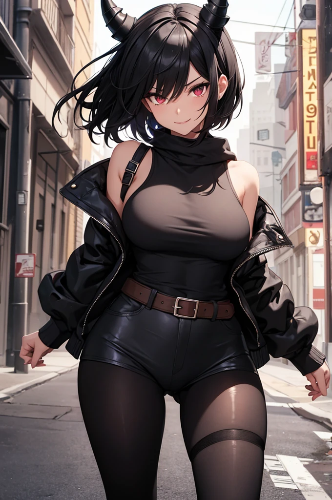 short black hair 1 girl, 1 gilr, ,perfect anatomy girl muscular girl toned body girl large breasts girl thick girl angry girl best quality girl black hair girl Eyes red,linda,wearing short leggings with, blackstockings, shorth hair, comely eyes, comely, Eyes red, white shirt, black leather jacket, shorts, legging branca curta, dark alley city black pantyhose, horned hair on head,ssmile,face detailed,ssmile no rosto,maos atras da cabeça ssmile,ssmile