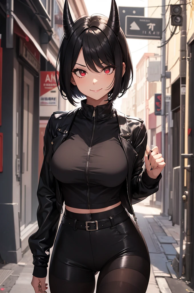 short black hair 1 girl, 1 gilr, ,perfect anatomy girl muscular girl toned body girl large breasts girl thick girl angry girl best quality girl black hair girl Eyes red,linda,wearing short leggings with, blackstockings, shorth hair, comely eyes, comely, Eyes red, white shirt, black leather jacket, shorts, legging branca curta, dark alley city black pantyhose, horned hair on head,ssmile,face detailed,ssmile no rosto,maos atras da cabeça ssmile,ssmile