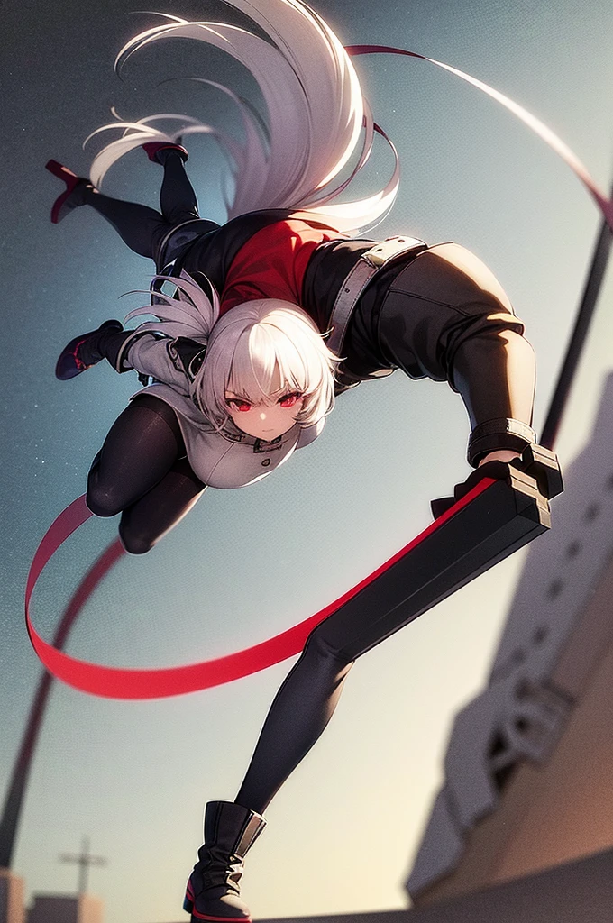 1girl, solo, long white hair, red eyes, ((holding battleaxe)), black footwear, boots, pantyhose, cross, knee boots, looking at viewer, belt, capelet, hair between eyes, long sleeves, black capelet, black pantyhose