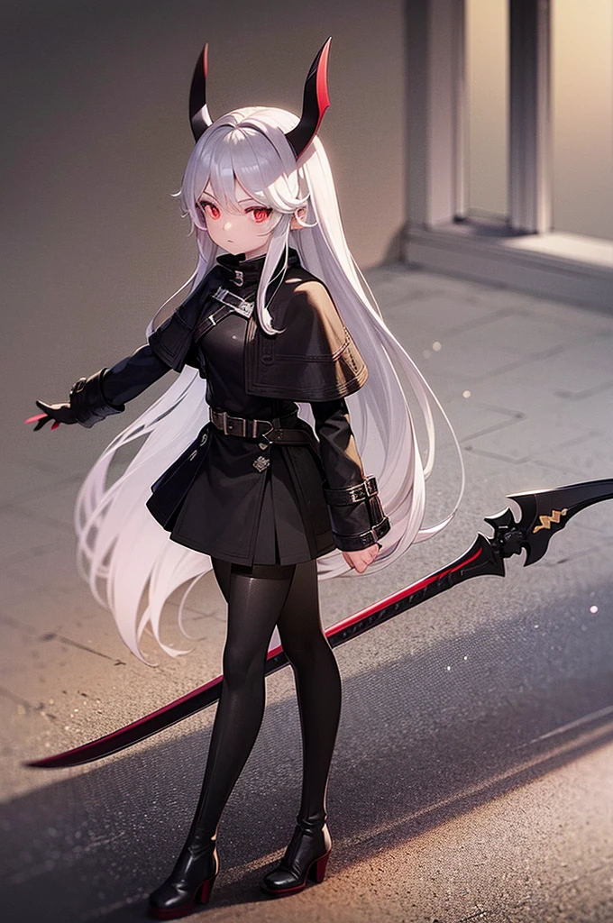 1girl, solo, long white hair, red eyes, ((holding battleaxe)), black footwear, boots, pantyhose, cross, knee boots, looking at viewer, belt, capelet, hair between eyes, long sleeves, black capelet, black pantyhose