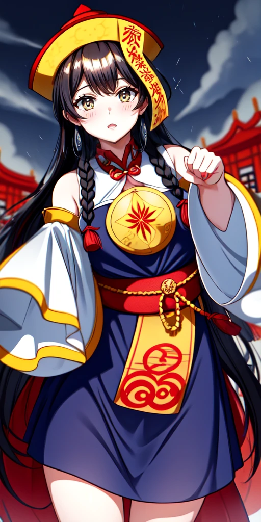 lora:flat:-1.2, masterpiece, best quality, 4k, 8k, 1 woman, solo, tall stature, long hair, blunt bangs, side braid, black hair, droopy eyes, big eyes, ruby red eye, lemon yellow eye, pale skin, black eyeliner, black eye shadow, heterochromia, slender frame, sad, ofuda, jiangshi costume:1.2, fang, horror, coffin, forest, dark night, stormy weather, fog, from front, cowboy shot, look at viewer, paw pose,