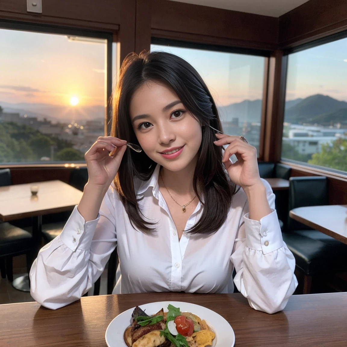 ((Highest quality、8K、masterpiece:1.3))、1 female、spouse、Beautiful Japanese、smile、 (Slim face), (the body is スリム), (Brown Hair), (Shortcuts), ((Bob Hale、Straight hair:1.2)), テーブルの上のwine glass、Please shine a light on my face、 Amazing view of the sunset sky and clouds、Amazing mountain views、smileの美しさ、Bright image、Blushing, Shortcuts,Bright Face、36 years old), 39 years old, red wine 、Appetizers、Italian food、Wine bottle、Champagne、sparkling wine、Long sleeve shirt、dress、Attractive beauty、restaurant, Nova Frog Style, actress, model, Upper Body, White wine, red wine, wine glass,