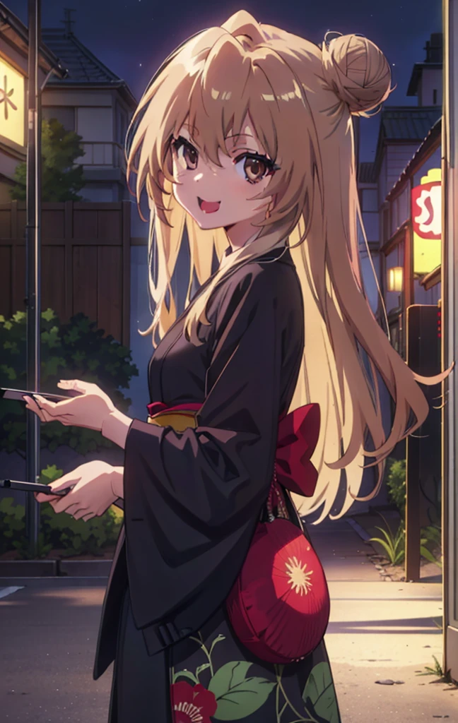 taiga aisaka, taiga aisaka, Long Hair, Brown Hair, Brown eyes,happy smile, smile, Open your mouth,Squint your eyes,Hair Bun, single Hair Bun,Black kimono,Thick sleeves,日本のfestival,夏festivalの屋台,Red lantern,night,night空の花火,Fireworks,The place is a fireworks display,時間はnightです,sunny day,turn around,As if your whole body is in the illustration,Walking, break looking at viewer, Upper Body, (Cowboy Shot:1. 5),
break outdoors, festival,shrine,
break (masterpiece:1.2), Highest quality, High resolution, unity 8k wallpaper, (shape:0.8), (Beautiful attention to detail:1.6), Highly detailed face, Perfect lighting, Highly detailed CG, (Perfect hands, Perfect Anatomy),