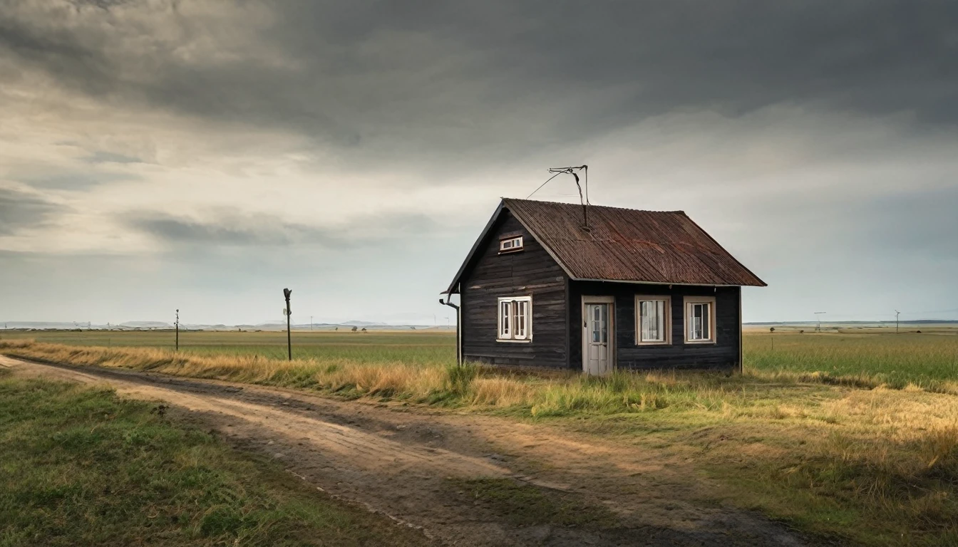 small house, end of the street, close to isolated open field, quiet day, no people in the environment