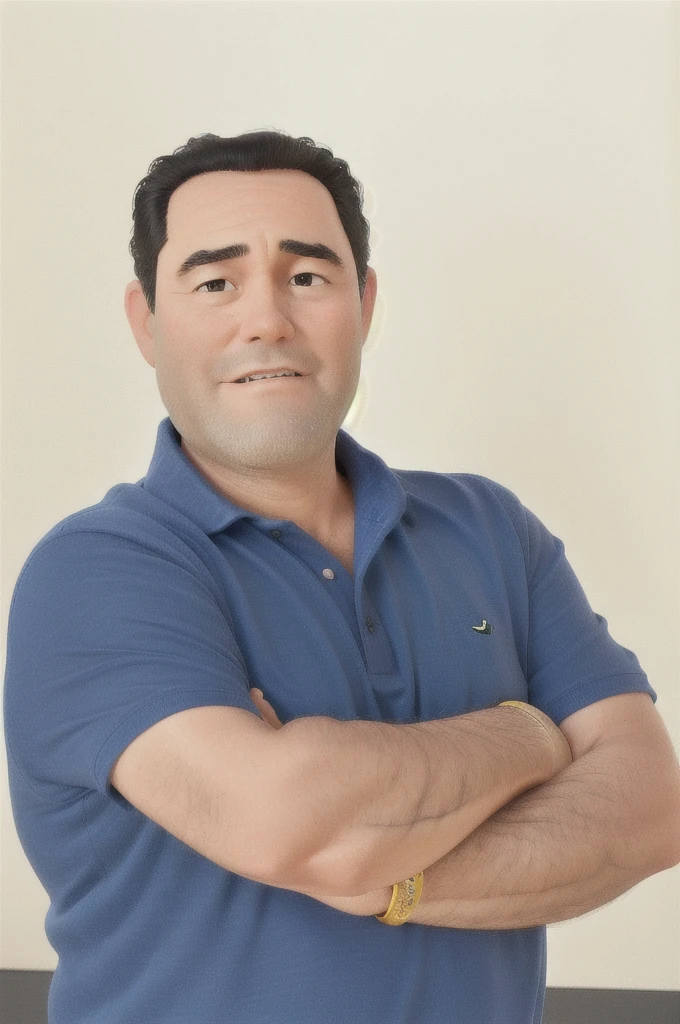 50-year-old man, black hair, blue polo, arm crossed