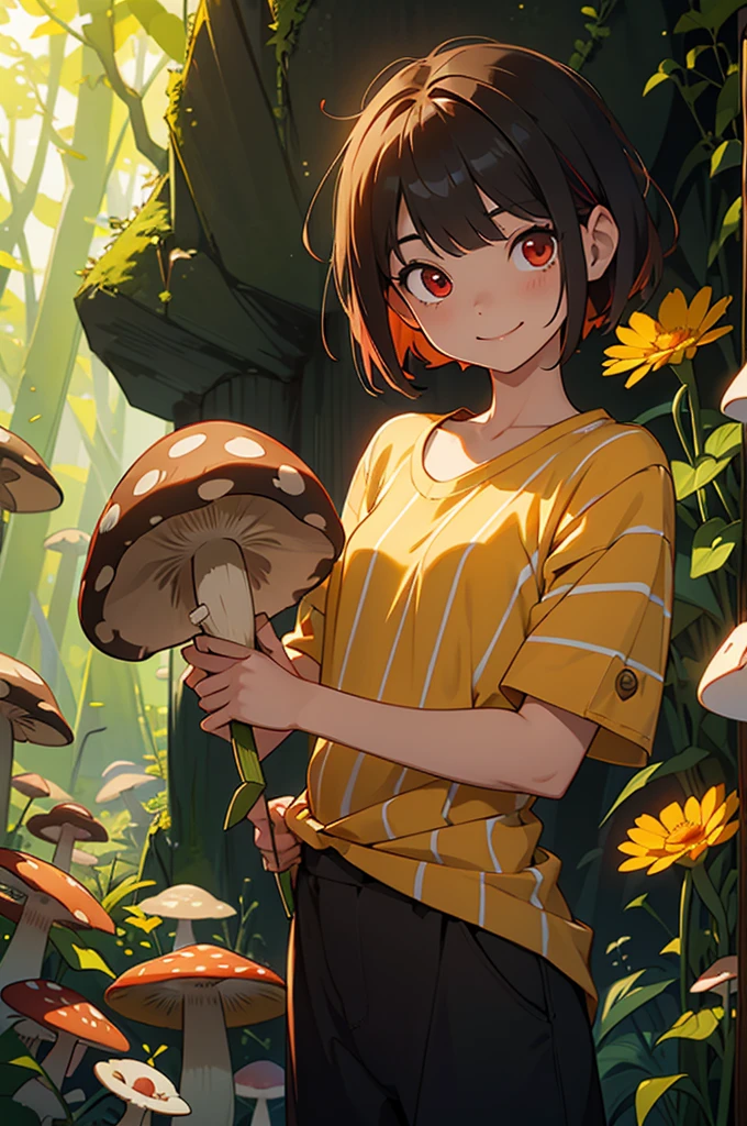 Red eyes, girl, holding a knife, greenish yellow striped shirt with thicker stripes, Red eyes brillando rojo, tilted head, short brown hair mushroom head, with a clear smile on his face, chara, two-dimensional, standing among golden flowers with a ray of light above his head