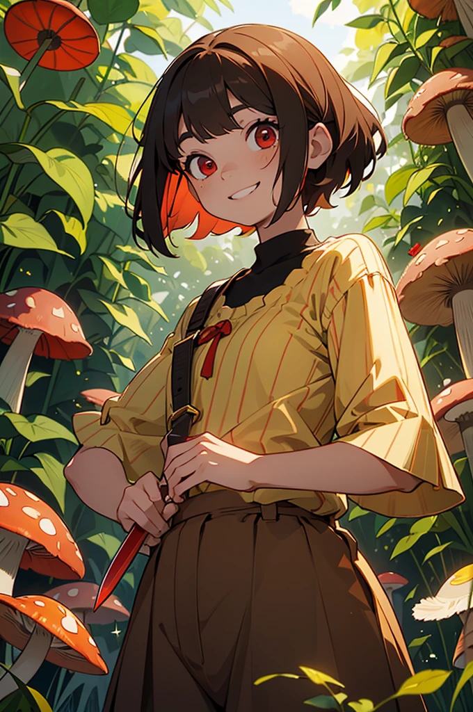 Red eyes, girl, holding a knife, greenish yellow striped shirt with thicker stripes, Red eyes brillando rojo, tilted head, short brown hair mushroom head, with a clear smile on his face, chara, two-dimensional, standing among golden flowers with a ray of light above his head
