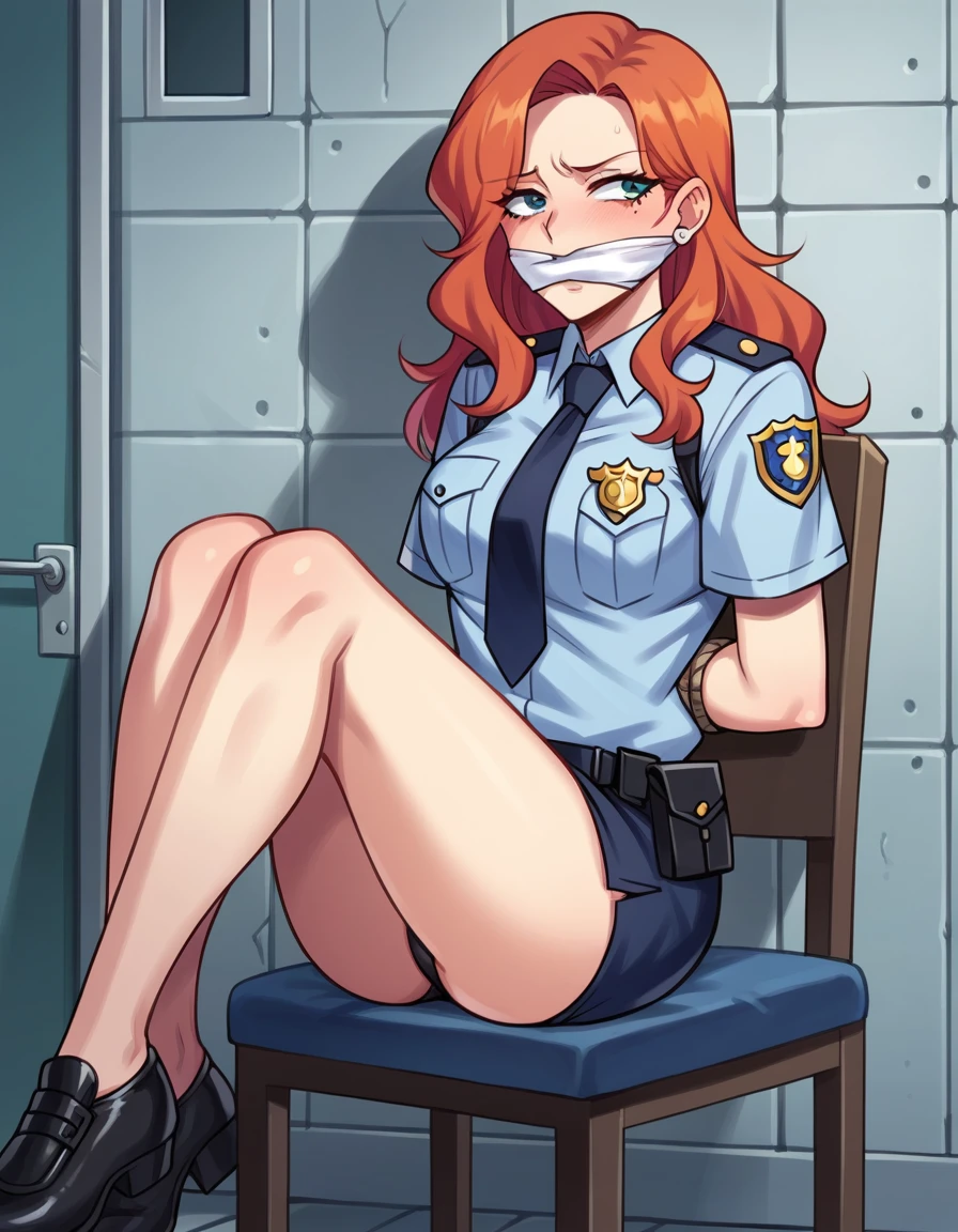 There is a woman in a police uniform, official, police official, (Yoshida Yuuko), sad police, Attire: cop, redhead woman, yoshida yuuko wearing a police uniform, high resolution commission, sheriff woman, Lois van Baarle y Rossdraws, bottomless, leotard blue, bare legs, sitting on a chair, (((his hands are behind his body)),((The whole body is tightly bound.)) in jail, tapegag,