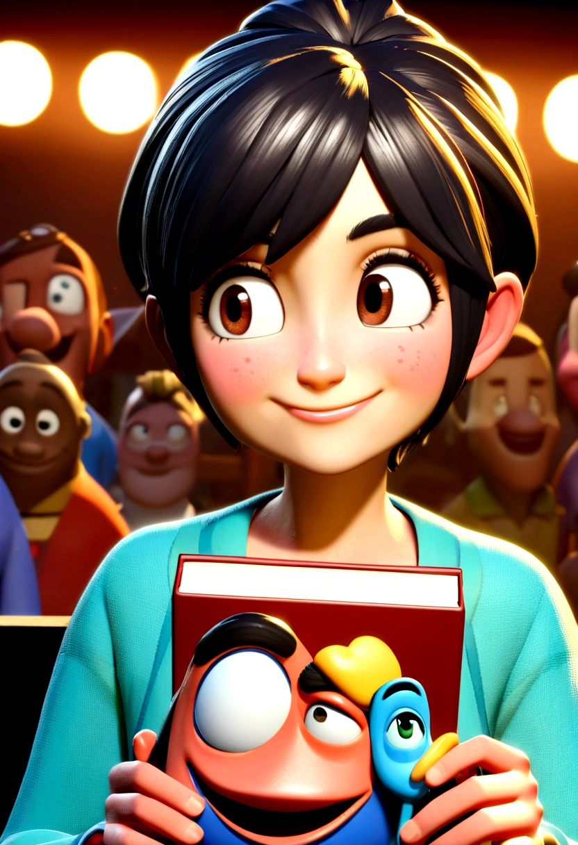 Imagem estilo pixar com personagem 3D , Disney makeup, Holding a book,black hair, cute, smiling ,close up, pixar, Disney, cinema lighting,