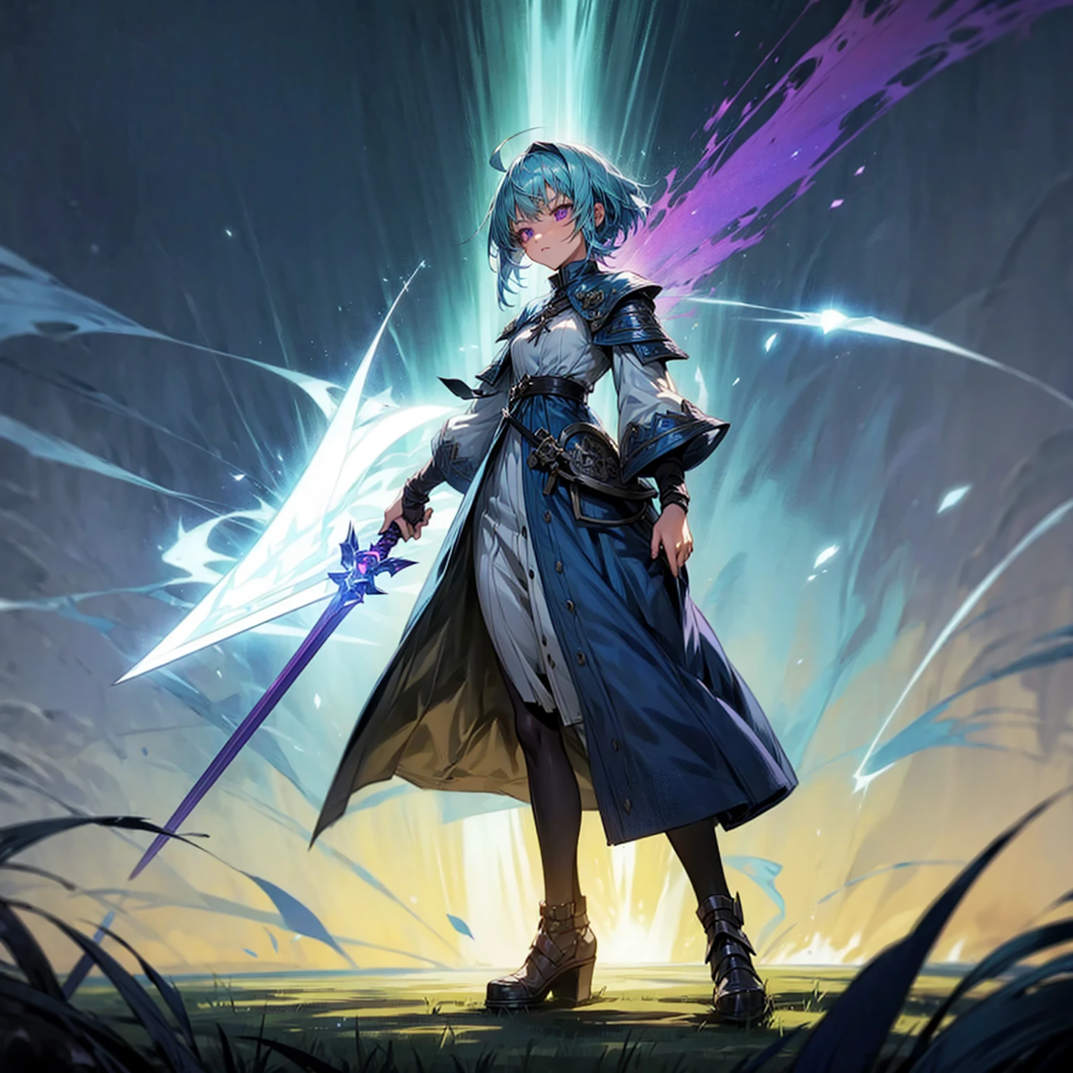 1girl, Full body version, 1character, adult version, purple eyes color, short haircut, blue colour hair, medieval girl style clothing, templar knight armor, spatha sword in hand, Grassroots, background in green field, motion blur, plasma effect, smoke effect, aura effect, lighting, lighting sword, flash, (Hunter x Hunter style), low angle view, standing gesture, detailed face