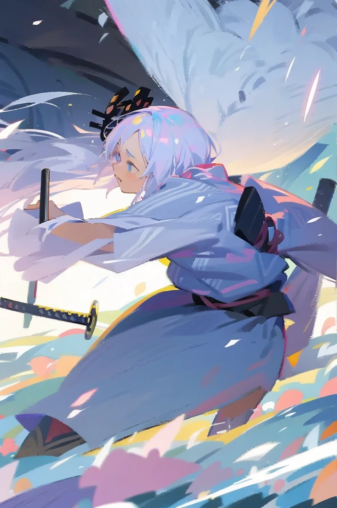 make a waifu finishing an attack with a samurai sword leaning forward and one leg forward as well