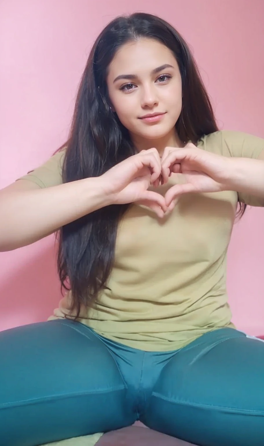 A long hair woman, nude pose, brown nipples, shaved pussy