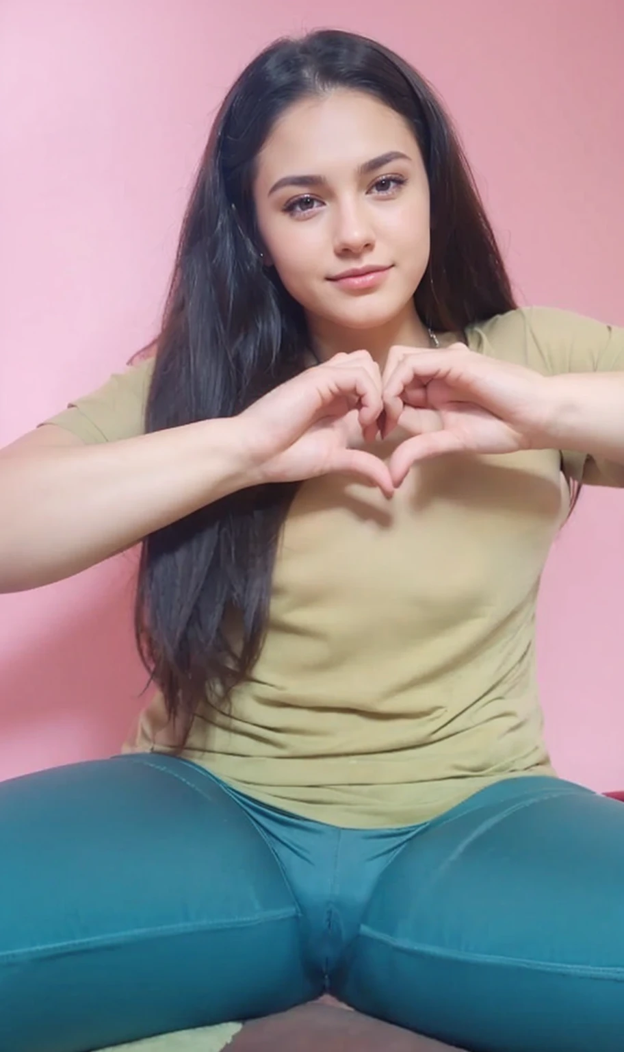 A long hair woman, nude pose, brown nipples, shaved pussy