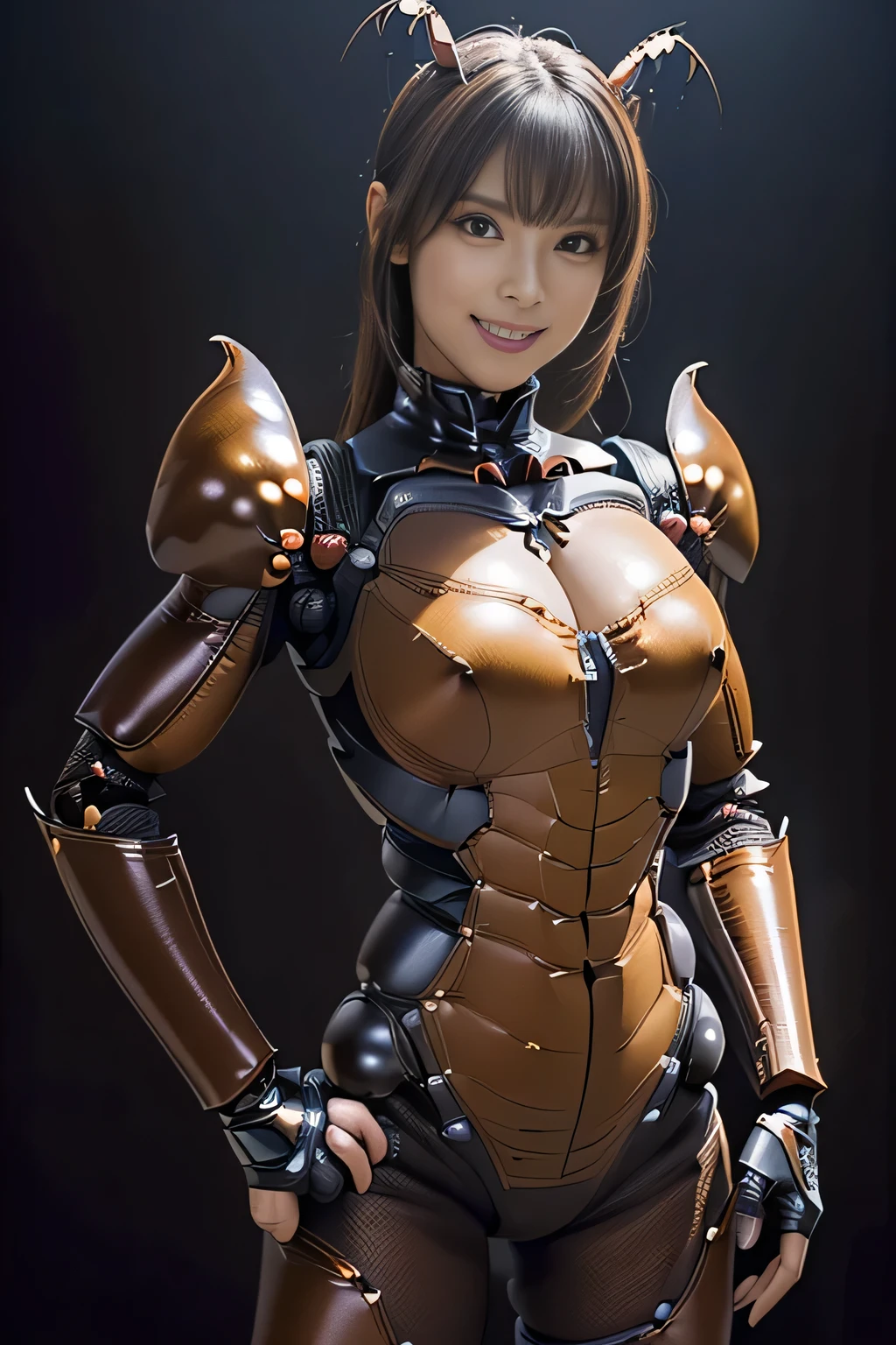 (high resolution,masterpiece,best quality,extremely detailed CG, anime, official art:1.4), realistic, photo, amazing fine details, all intricate, gloss and shiny,awesome many layers, 8k wall paper, 3d, sketch, kawaii, illustration,( solo:1.4), perfect female proportion,villainess, (fusion of dark brown roach and lady:1.4), (brown cockh form lady:1.2), (brown cockroacdy:1.2), (fusion:1.2), (solo:1.4), (evil smile:1.2), muscular, abs, (cockroach brexoskeleton bio insect suit:1.4), (cockroach brown keleton bio insect armor:1.2), (brown transparency cockroach wing:1.4),own cockroach antennae:1.3),