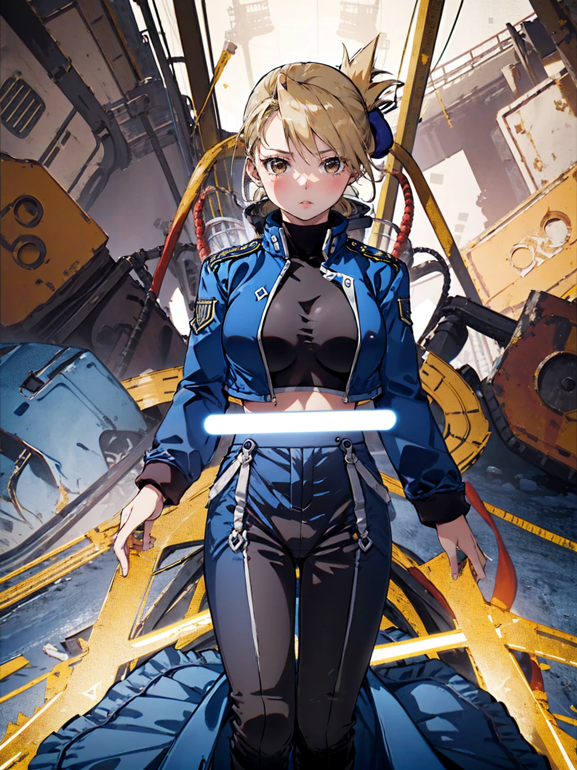 masterpiece, Highest quality, High resolution, One girl, (Blue jacketの下にBlack innerwearを着ている), Folded ponytail, Brown eyes, , (uniform, Blue jacket, Blue pants), ,Big Breasts, Black innerwear, (
