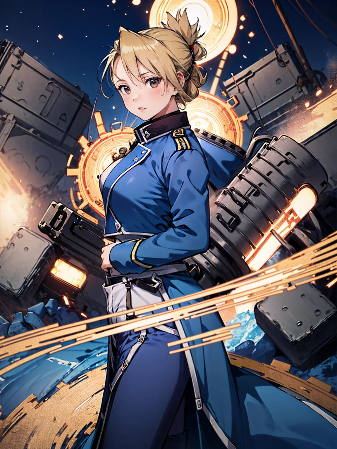 masterpiece, Highest quality, High resolution, One girl, (Blue jacketの下にBlack innerwearを着ている), Folded ponytail, Brown eyes, , (uniform, Blue jacket, Blue pants), ,Big Breasts, Black innerwear, (