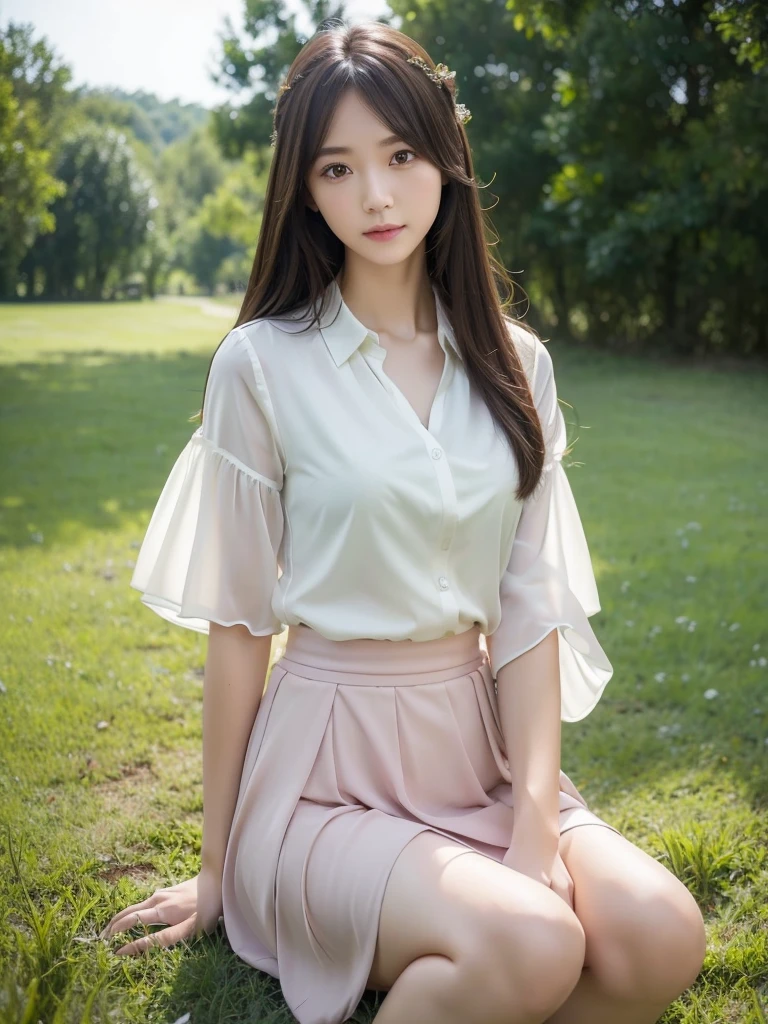 Wrap skirt 、Chiffon blouse、(Highest quality)、((Very detailed))、4K、(8K)、masterpiece、Very detailedな、Highest quality、Super Resolution、1 person、Kind Face、Soft Light、RAW quality、Soft Skin、163cm、30 years old、knees、grass