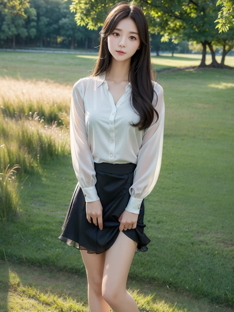 Wrap skirt 、Chiffon blouse、(Highest quality)、((Very detailed))、4K、(8K)、masterpiece、Very detailedな、Highest quality、Super Resolution、1 person、Kind Face、Soft Light、RAW quality、Soft Skin、163cm、30 years old、knees、grass