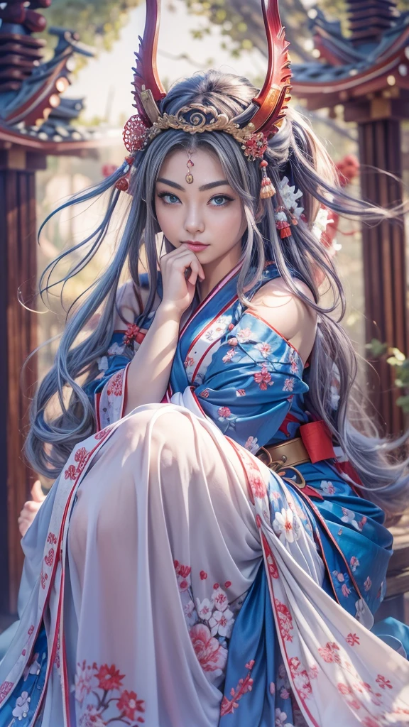 (32k:1.5, Highest quality, masterpiece, Ultra-high resolution), Perfect dynamic composition, Professional camera work:1.6, Enchantingな肖像画:1.3, Cinematic Light, Very detailedな肌と顔の質感:1.3, Very accurate, Very detailed, (Ride the Red Dragon:1.3, Holding a walking stick), (mysteriousな:1.2, Great background:1.2, tradition:1.2, Belligerent:1.2, Majestic:1.2), Adult female, Graceful Goddess, Incredibly slim body, Fair skin, (smile:0.9, Totally captivates you:1.0), (Fractal Art:1.0, Japanese Shrine Maiden Costume:1.3), Ample breasts, Sensual sitting position:0.6, Calm pose, (Beautiful Blue Eyes, Beautiful erotic eyes:0.8, Feel the beautiful eroticism:0.9), (romantic, dramatic, mysterious), Object of admiration, Artistic, Innovative, Enchanting, sense of openness, sense of cleanliness, Heartful, Fancy, exciting, Extreme, ((Adult charm, Feminine charm, Hair blowing in the wind))
