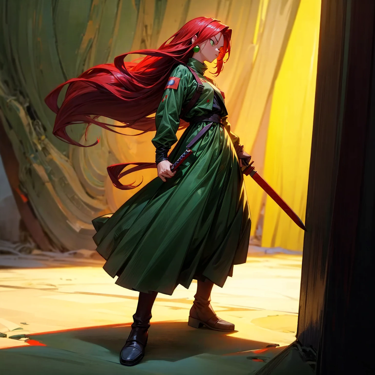 1girl, Full body version, 1character, green eyes color, long hairstyle, red colour hair, soldier knight style clothing, Long skirt, long socks, long boots, green earrings, knife in hand, full background, Grassroots background in town, motion blur, shadow, standing gesture, (dragon ball style)