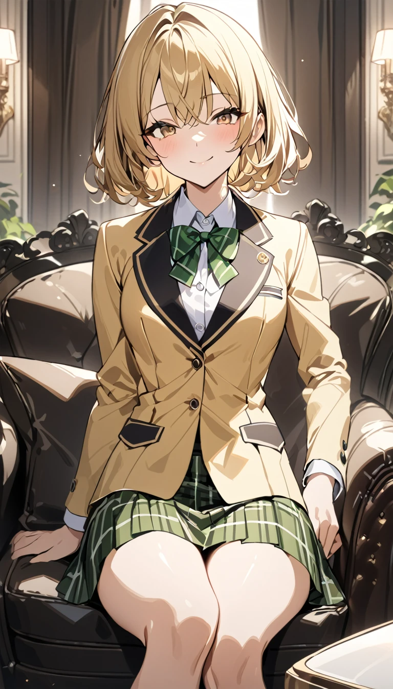 masterpiece, best quality, highres, 1girl, solo, blonde medium hair, brown eyes, , green bowtie, blazer, yellow jacket, long sleeves, plaid skirt, green skirt, sitting on sofa, put hands on hip,cowboy shot,from front,in luxury room. smile,closed mouth