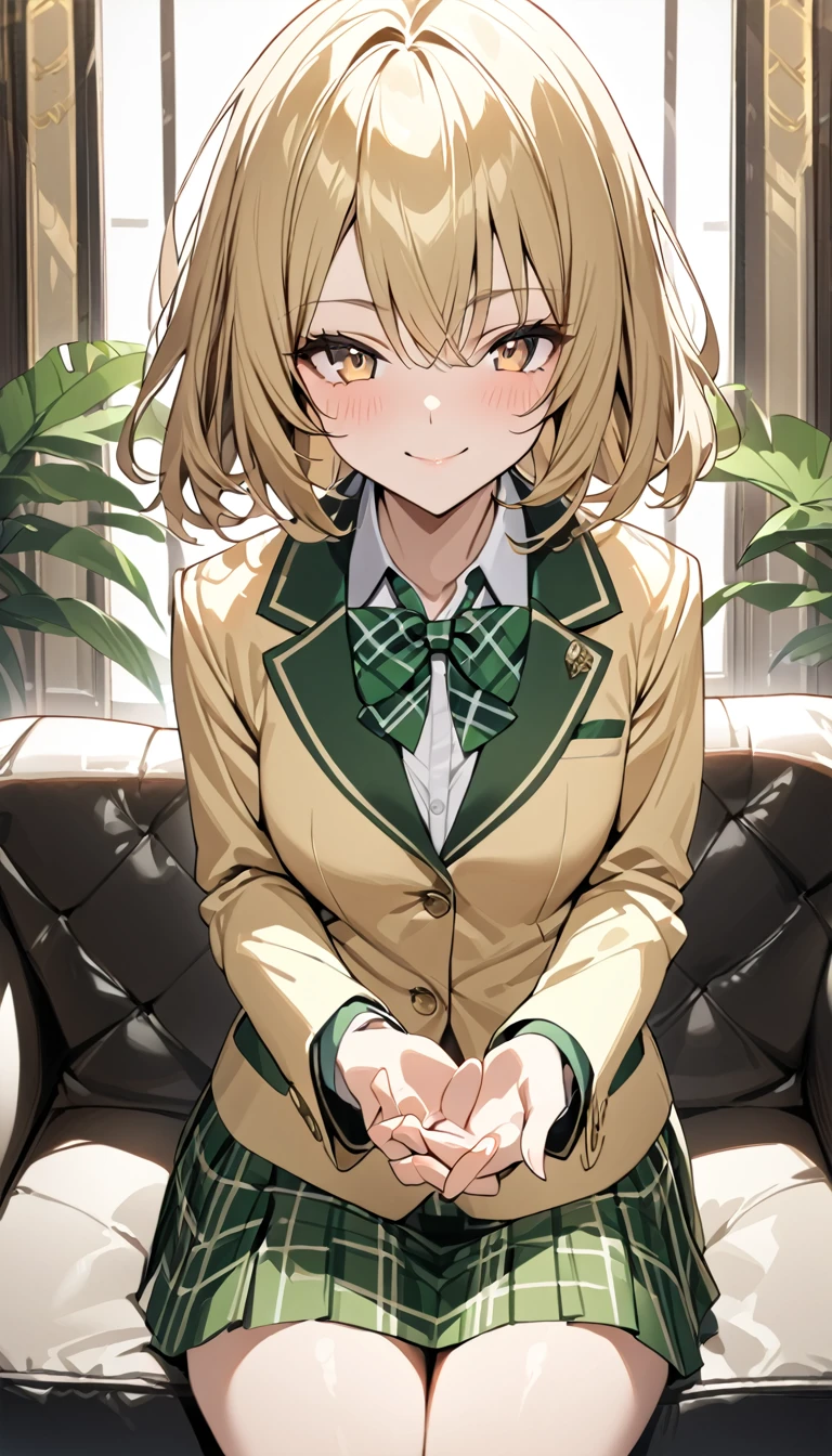 masterpiece, best quality, highres, 1girl, solo, blonde medium hair, brown eyes, , green bowtie, blazer, yellow jacket, long sleeves, plaid skirt, green skirt, sitting on sofa, put hands on hip,cowboy shot,from front,in luxury room. smile,closed mouth