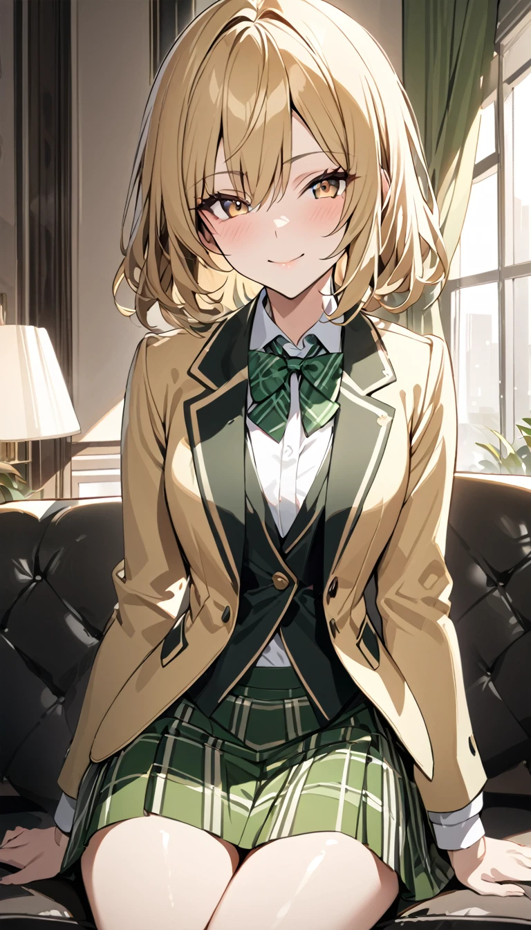 masterpiece, best quality, highres, 1girl, solo, blonde medium hair, brown eyes, , green bowtie, blazer, yellow jacket, long sleeves, plaid skirt, green skirt, sitting on sofa, put hands on hip,cowboy shot,from front,in luxury room. smile,closed mouth