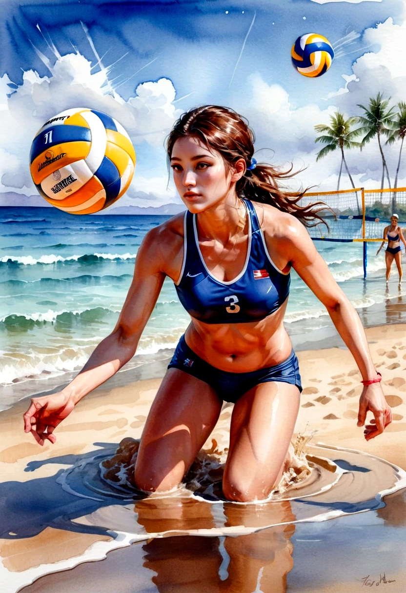 1girl, Beach Volleyball, watercolor painting of a volleyball, in the water on a beach, soft multilayered, perfect composition, complementary colors, fine details, masterpiece, best quality, very aesthetic, absurdres