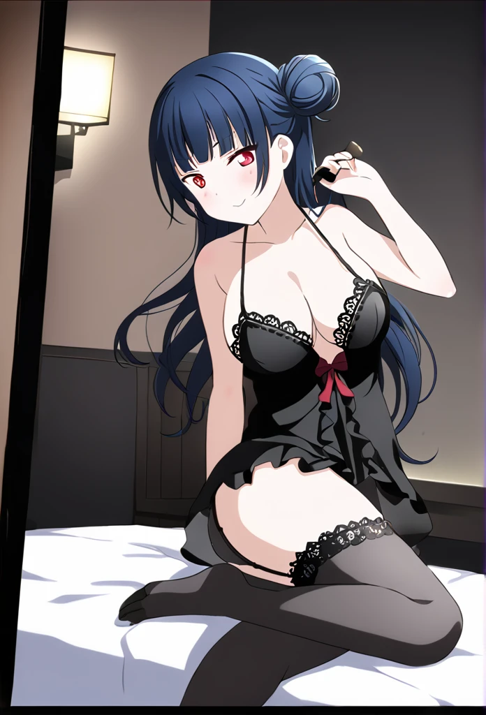 Yoshiko Tsushima Blue Hair Red Eye Left bun hairstyle Semi-long hair Black negligee bed bedに座る Brush your hair back Black garter belt smile Unusually large for a Japanese woman Seduce Dark Room Love Hotel