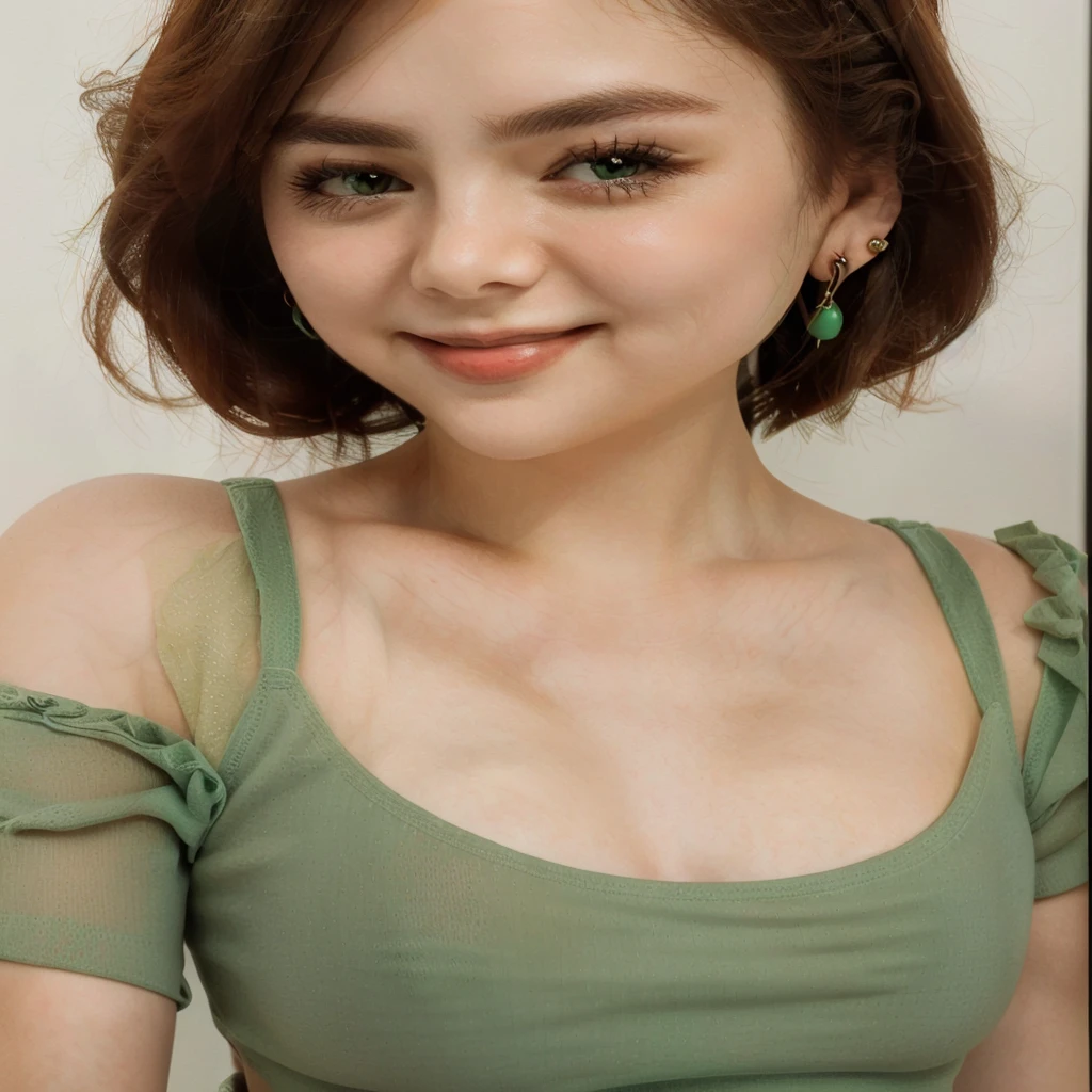 a closeup of a woman wearing a green top and earrings, beautiful delicate face, 3/4 bust, pretty-face-fine girl, Beautiful young, cute and clear face, Sexy neck, clear and high-quality lips, Cute seductive smile, 2 4 year old female model, 🤤 girl portrait, slight cute smile, cara sexy