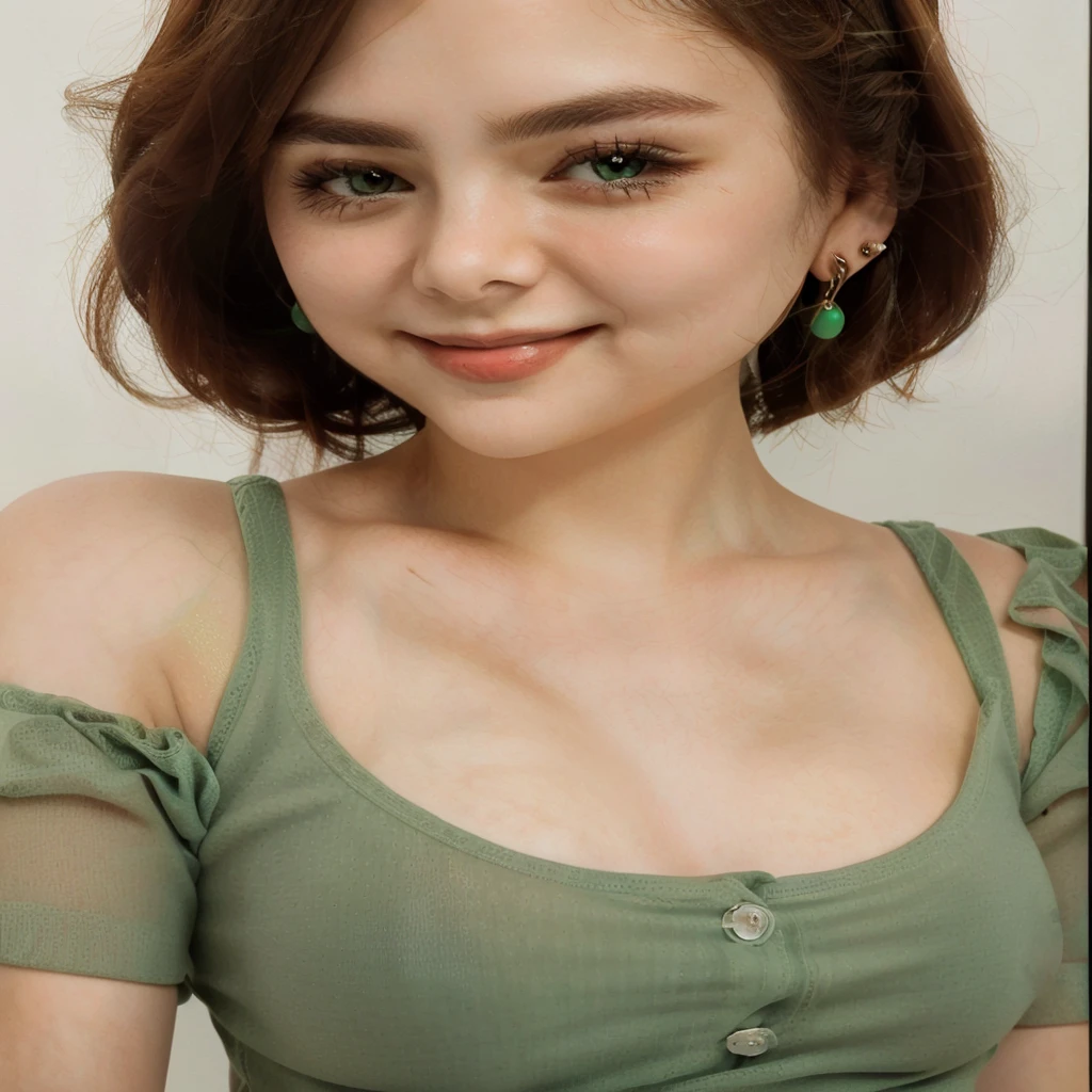 a closeup of a woman wearing a green top and earrings, beautiful delicate face, 3/4 bust, pretty-face-fine girl, Beautiful young, cute and clear face, Sexy neck, clear and high-quality lips, Cute seductive smile, 2 4 year old female model, 🤤 girl portrait, slight cute smile, cara sexy