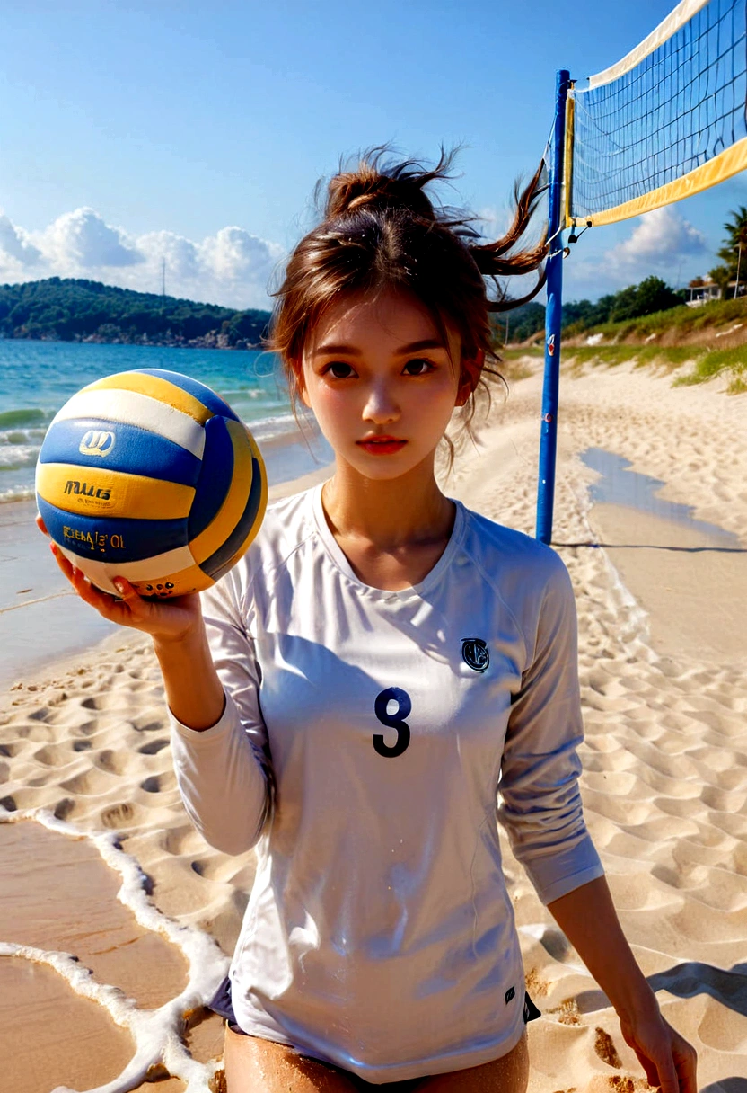 1girl, Beach Volleyball, watercolor painting of a volleyball, in the water on a beach, soft multilayered, perfect composition, complementary colors, fine details, masterpiece, best quality, very aesthetic, absurdres