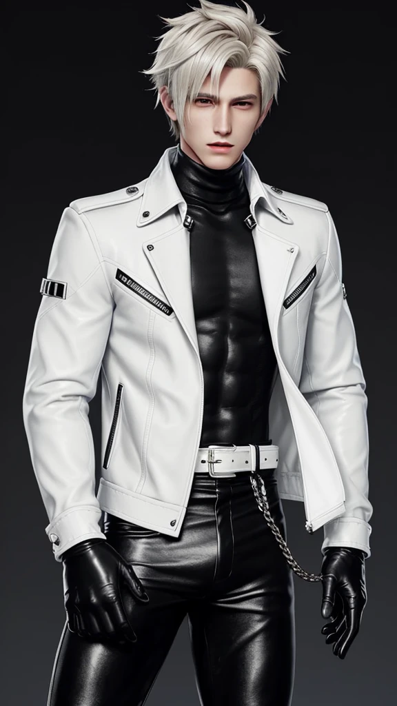 Final fantasy taste and reality graphics, Japanese young cute and cool ikemen boy, his age is early 20s, thin eyebrows and beady eyes, he wearing off white color leather very thick singlebrest biker jacket, with epaulet, must close the front of the leather jacket, jacket is biker style, jacket is voluminous, , jacket collar is high length stand-up collar with two belts, jacket is a little black color line pattern,close the front of the jacket, also wearing black very thick turtleneck lackluster shirts, tight black leather pants, shiny black leather tight and thin glove, black leather knee-high raceup boots,must views head-to-toe,must views whole body, boy looks like fashion model,Do not show skin from the neck down,leather jacket leather glove and leather pants have few wrinkles,boy in the room,