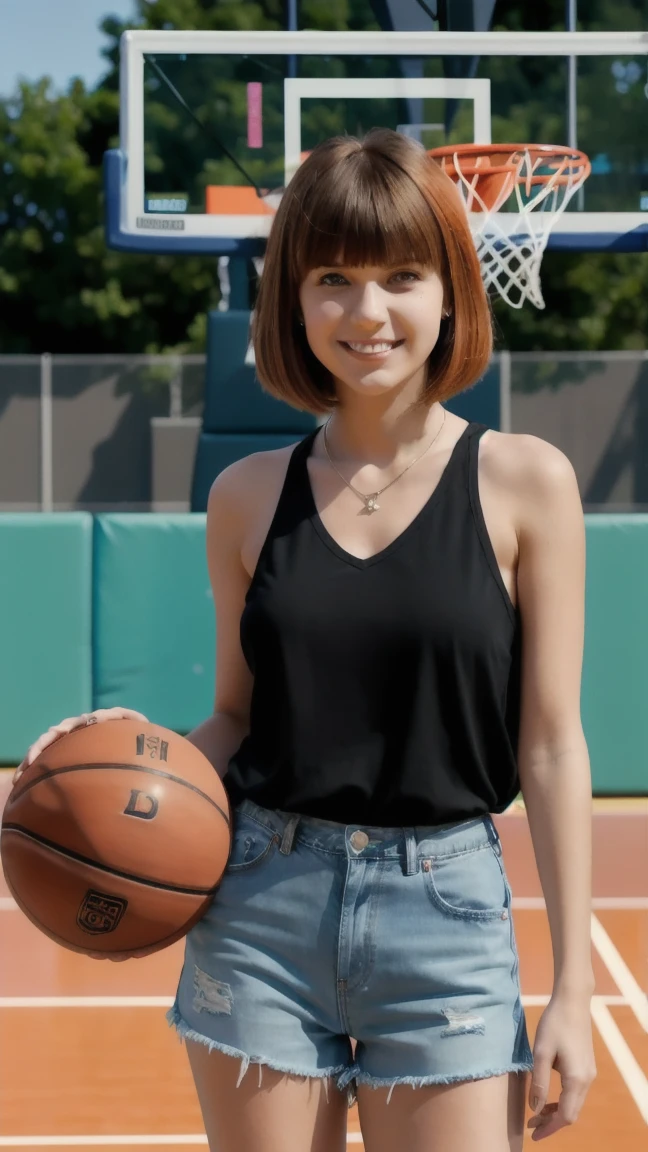 (masterpiece, best quality, (1 Girl:1.5), Solitary, Intricate details, Chromatic Aberration), ((Short Wavy Hair, Bangs, (black eyes:1.5), blunt Bangs, Orange Hair, Bob Cut)), Small earrings, Necklace, (Large Breasts: 1), cleveage, Confident smile, (Black thin material top, Denim shorts), The waist is open, (Symmetrical eyes), (Perfectly symmetrical body), (((Natural light))), ((Standing under the basketball hoop)),Raise the basketball with one hand