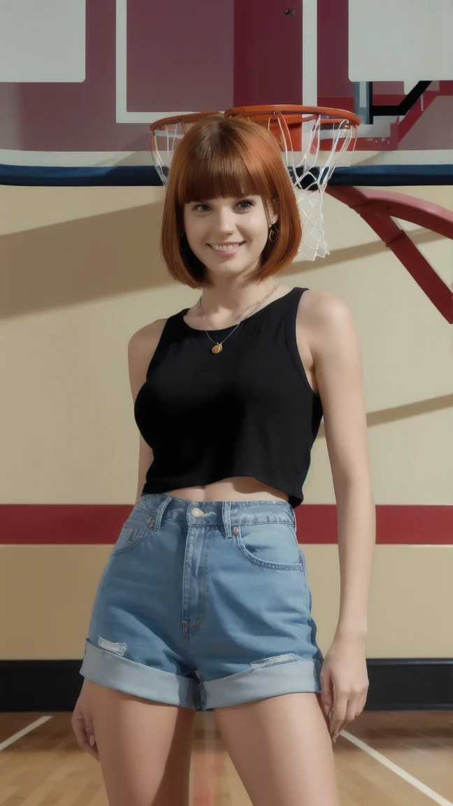 (masterpiece, best quality, (1 Girl:1.5), Solitary, Intricate details, Chromatic Aberration), ((Short Wavy Hair, Bangs, (black eyes:1.5), blunt Bangs, Orange Hair, Bob Cut)), Small earrings, Necklace, (Large Breasts: 1), cleveage, Confident smile, (Black thin material top, Denim shorts), The waist is open, (Symmetrical eyes), (Perfectly symmetrical body), (((Natural light))), ((Standing under the basketball hoop)),Raise the basketball with one hand