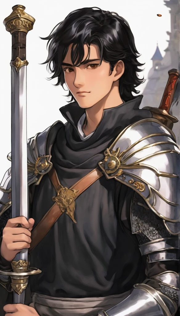 21 years old, male, human, adventurer, black hair, brown eyes, swordsman, gentle, knight-vibe