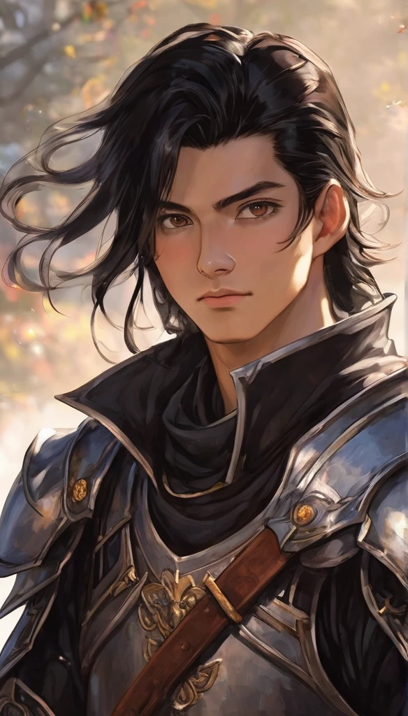 21 years old, male, human, adventurer, black hair, brown eyes, swordsman, gentle, knight-vibe