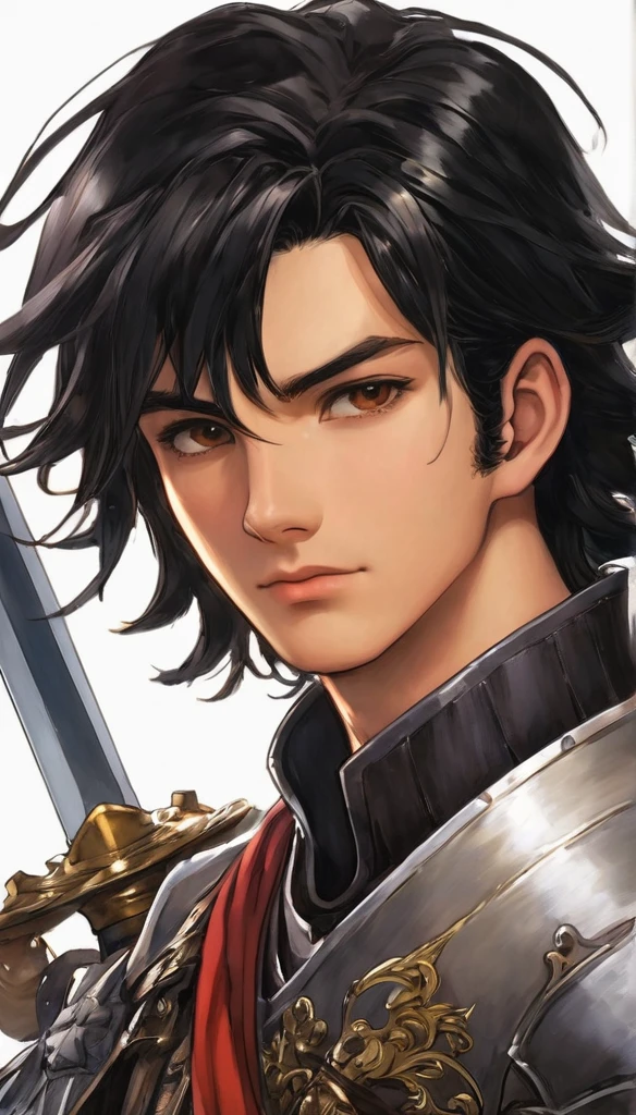 21 years old, male, human, adventurer, black hair, brown eyes, swordsman, gentle, knight-vibe