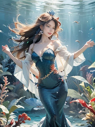 (best quality,ultra-detailed,photorealistic),blue water,sparkling scales, flowy hair, underwater world, colorful coral reefs, ethereal lighting, dreamy atmosphere, fantasy theme, mystical creatures, magical powers, enchanting melodies, mesmerizing beauty, graceful movements, captivating expressions, surreal landscape, peaceful serenity, magical mermaid tails, elegant tiaras, long flowing dresses.