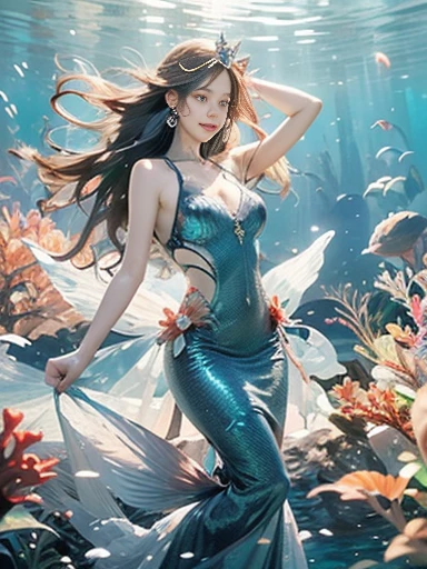 (best quality,ultra-detailed,photorealistic),blue water,sparkling scales, flowy hair, underwater world, colorful coral reefs, ethereal lighting, dreamy atmosphere, fantasy theme, mystical creatures, magical powers, enchanting melodies, mesmerizing beauty, graceful movements, captivating expressions, surreal landscape, peaceful serenity, magical mermaid tails, elegant tiaras, long flowing dresses.