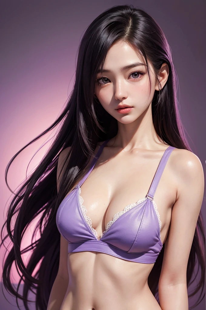 20 year old girl, sexy model, purple theme cloth, long hair, high contrast (Natural skin texture, Hyperrealism, Soft Light, sharp), portrait, standing, korean, perfect figure