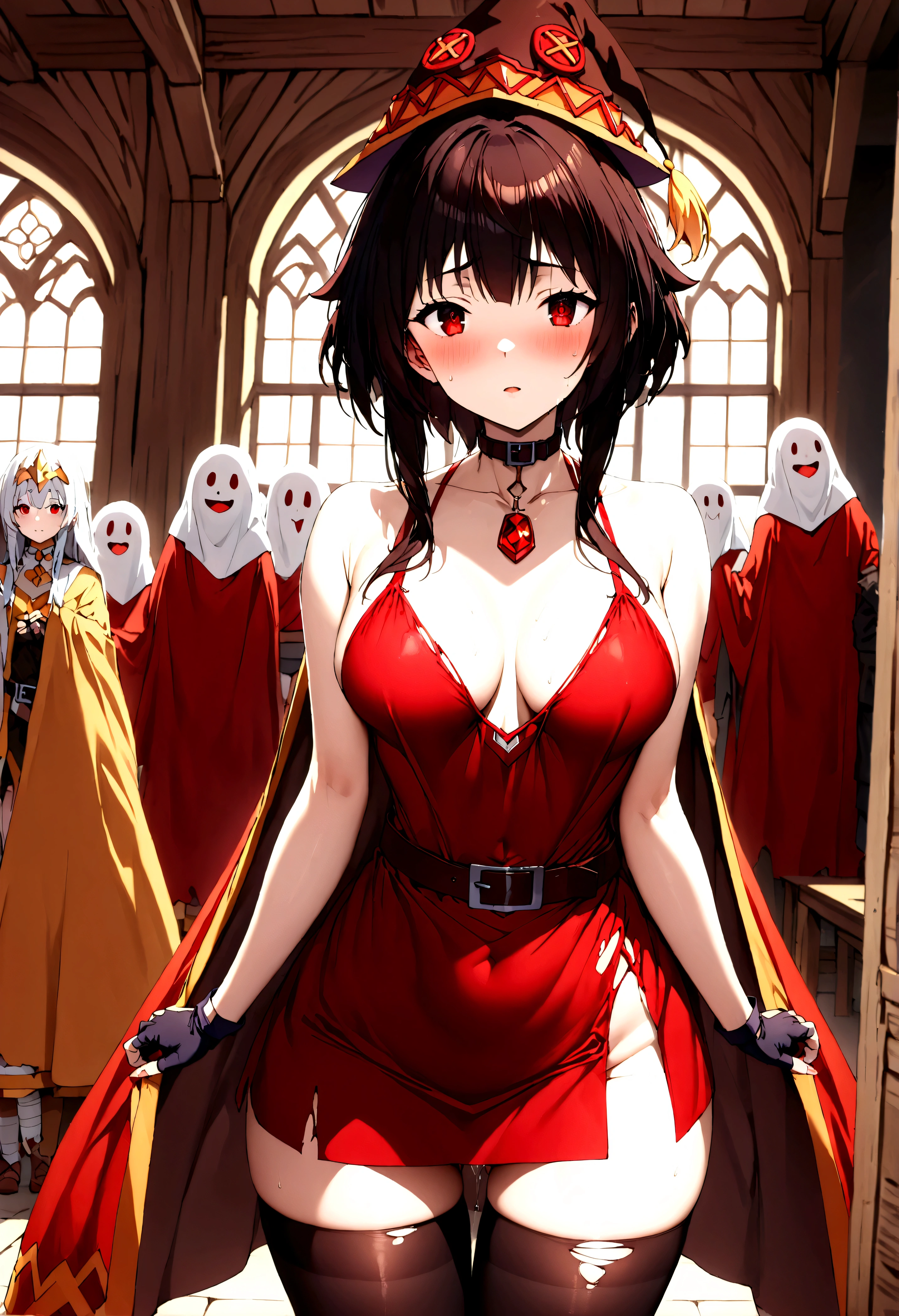 (highest quality:1.2, Very detailed, Latest, vibrant, super detail, Ultra-high resolution, High contrast, masterpiece:1.2, highest quality, best aesthetics, there is:0.9), alone, (1 female), /(Konosuba/), (Megumin), short hair, black hair, (red eyes:1.3), short hair with long locks, thighhighs, gloves, has, dress, Black gloves, belt, black thighhighs, fingerless gloves, cape, collar, witch has, Bandages, red dress, single thighhigh, asymmetrical legwear, bandaged leg, Dynamic Angle, Random Pause, Highly Detailed Face and Skin Texture, cowboy shot,Sexy photo of the most beautiful work of art in the world, illustration, cinematic light, Fancy, high resolution, Superior quality, ultra detailed, Best Quality, Masterpiece, (detailed face), sexy mature woman with shirt and full body (torn)  (transparent galaxy) screen shelter, floating fabric, meat , choker, bright (Fancy criminal para personas mayores) Forest plants with neon details, shoulders abiertos, pequeña mariposa bright, with a broken witch hat (focus on the body: 1,25  ), evening, small mutated animals in the background, torn miniskirt, a potion on the hip, shoulders, radiating magical energy, Camel leg, darkness, light reflection, ((32 year old woman)) , black underwear,（with sexy legs ）、（journey）、（supine）、Head with long black hair,love game,Forced orgasm,squirt, ecstasy, I play with the urethra, ((women&#39;s casual clothing ),(high quality, realist, ultra detailed),blood mage  ,dark and gloomy magical atmosphere,old church with biblical windows,beautiful woman with piercing red eyes,1woman surrounded by ethereal spirits and followers,((cult queen)),darkness eterna y profunda,penitent ghosts,group of humanoid spirits