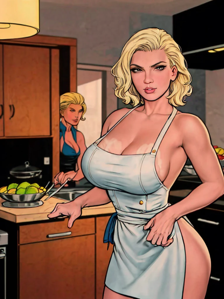 Comic style, An image of a busty chef, blonde bob hair, gorgeous, in a kitchen, dawn lights, bloom, (detailed skin complexion:1.2), best quality, deep color, complex shading effect, ambient occlusion, highly detailed textures