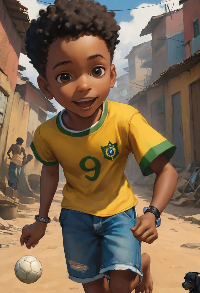 A poor Afro-Brazilian boy in a favela of Porto Alegre Rio Grande do Sul Brazil drawn by Todd McFarlane and Greg Capullo, he is wearing old and torn clothes, his shirt is yellow, he is kicking a soccer ball and playing with his little dog, the puppy is biting the ball, a favela in the background, Robert Downey Jr Reference.., engine unreal, octane rendering, por Jacob Lawrence e Francis picabia, perfect composition, beautiful detailed intricate insanely detailed octane rendering trending on artstation, 8k art photography, photorrealistic concept art, soft natural volumetric cinematic perfect light, Bright dark, rewarded photography, artwork, oil on canvas, rafael, caravaggio, Greg Rutkowski, beetle, Beksinski, giger, beautiful perfect face with perfect face, a smile on the face with two large central incisors, the detail, highy detailed, photo realist