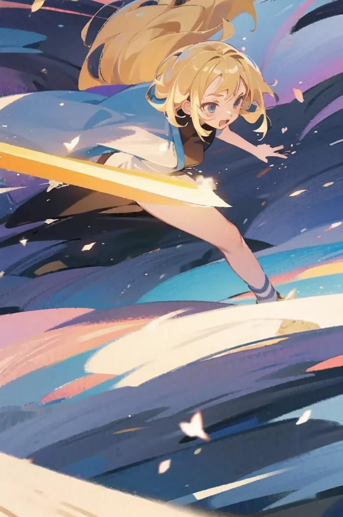 have a blonde waifu finishing an attack with a large samurai sword leaning forward and one leg forward too