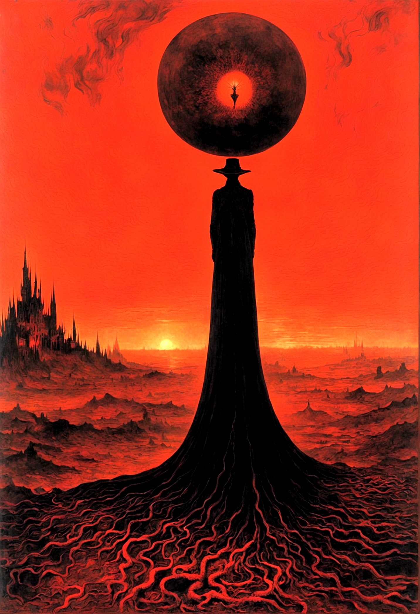 Mythical creatures, author：Zdzislaw Beksiński and Vincent Van Gogh, Album cover, romantic, Surrealism, Futuristic ,Satan, Coral, Wizard, Abstracted, dark, Red/Black, hell, landscape