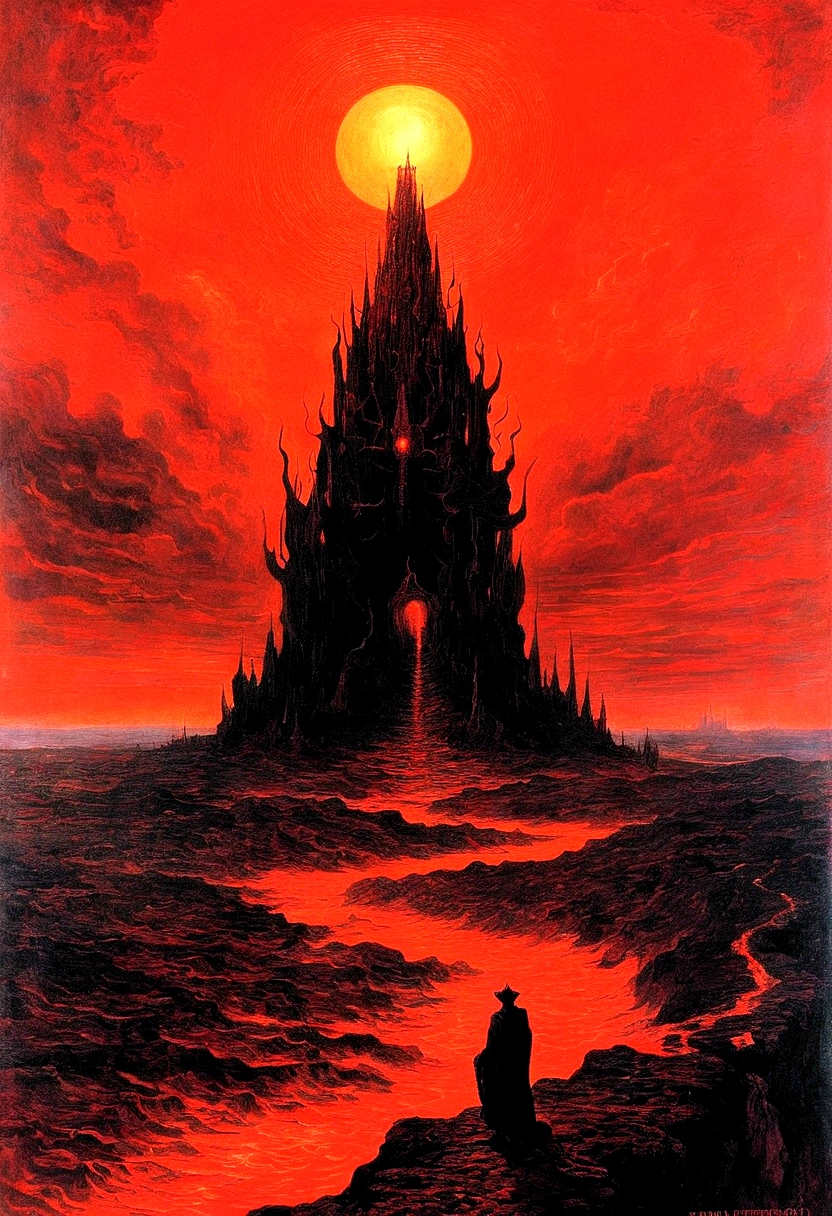 Mythical creatures, author:Zdzislaw Beksiński and Vincent Van Gogh, Album cover, romantic, Surrealism, Futuristic ,Satan, Coral, Wizard, Abstracted, dark, Red/Black, hell, landscape
