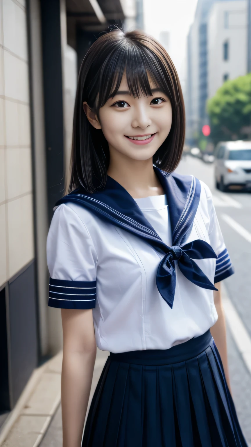 typical Japanese beauty、 Japanese people model, 16 year old female model,  4K、Bans、Black-haired、ponytail、Mid-length hair、Bob、Straight hair、(White shirt, Sailor , Dark blue pleated skirt:1.2),　(Super cute idol-like face:1.2)、City Street、Beautiful appearance、Esbian all over、Laughter、kind、
