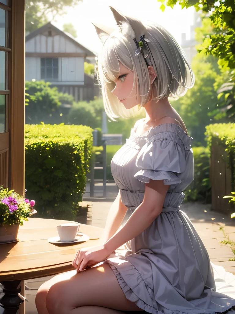 masterpiece, Highest quality,Super detailed,Hyper Details, cinematic Light,, One girl, alone, sit, Outdoor, Summer House, sitting in the Summer House, plant, table, chandelier, Candles, Wind, Green Eyes, Pangreen silver hair, short hair, animal_ears, animal_ear_Fluff, Floating Hair, Light, Light frown, profile,View your viewers, dynamic_angle